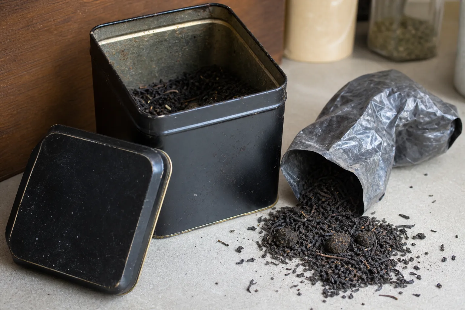 Black tea storage containers and loose leaves checked for seal condition, odor, and visible problems
