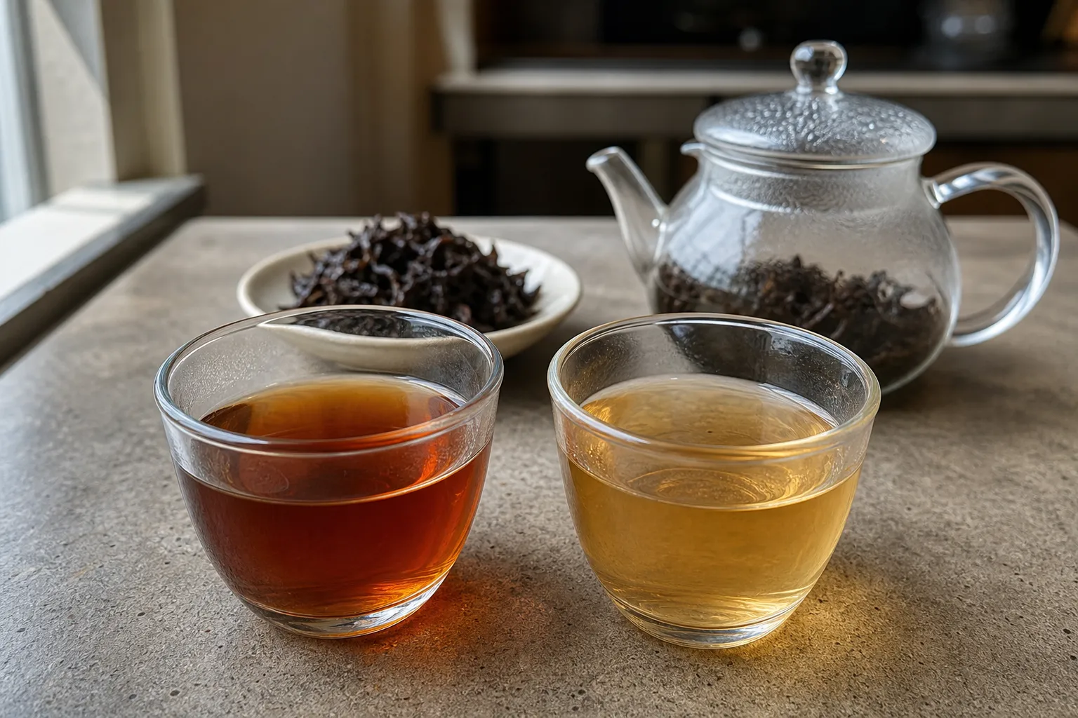 Two black tea infusions from the same leaves showing a darker first cup and a lighter second cup