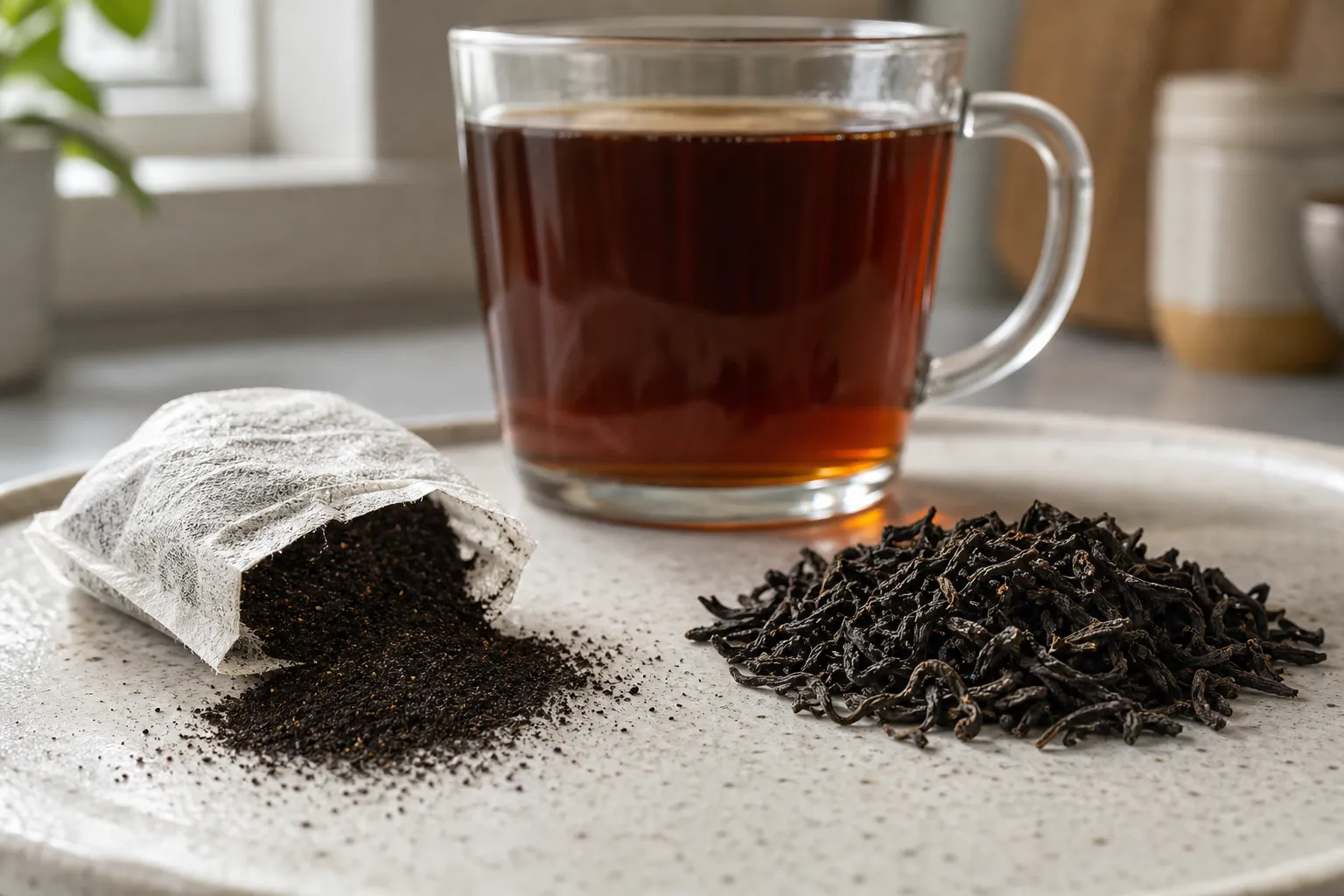 Fine black tea bag particles beside larger loose black tea leaves showing why one infuses faster