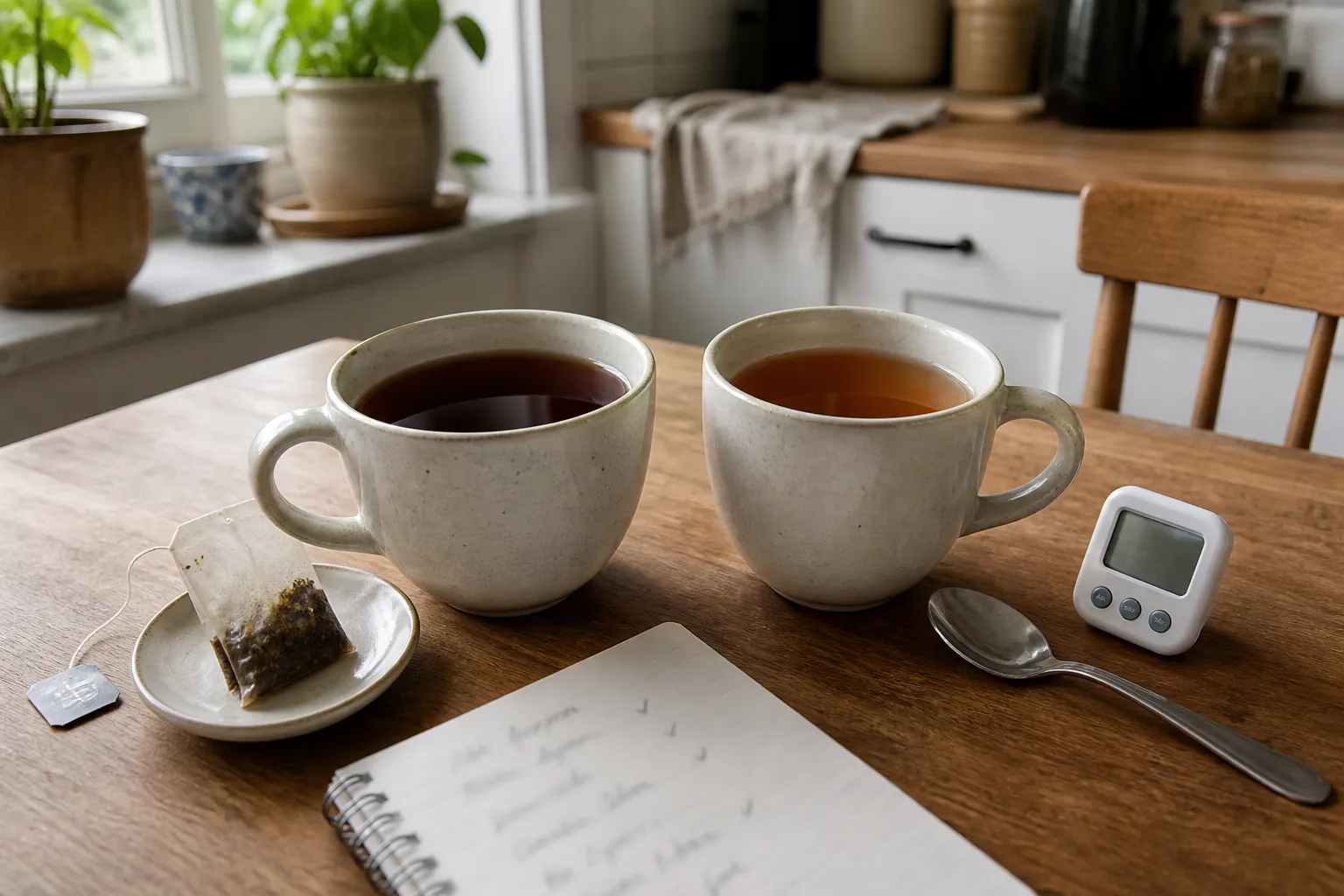 Two cups of black tea brewed with the same tea bag method to compare steeping time and finish