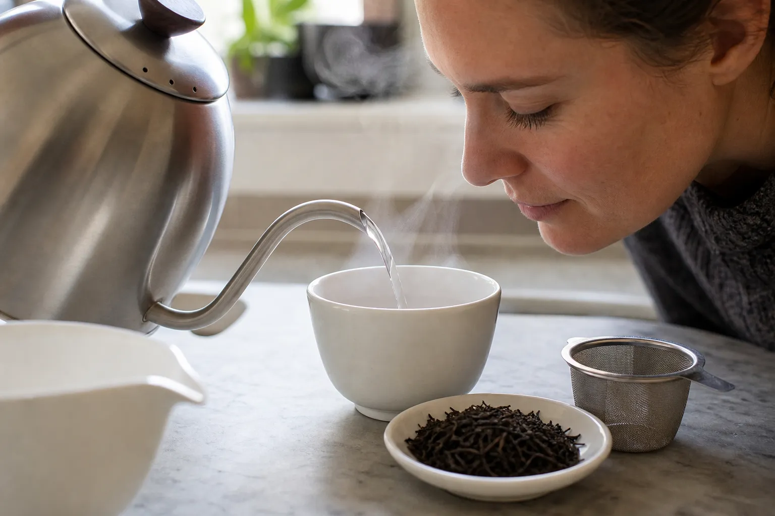 Plain hot water poured from a clean kettle into a cup before brewing black tea