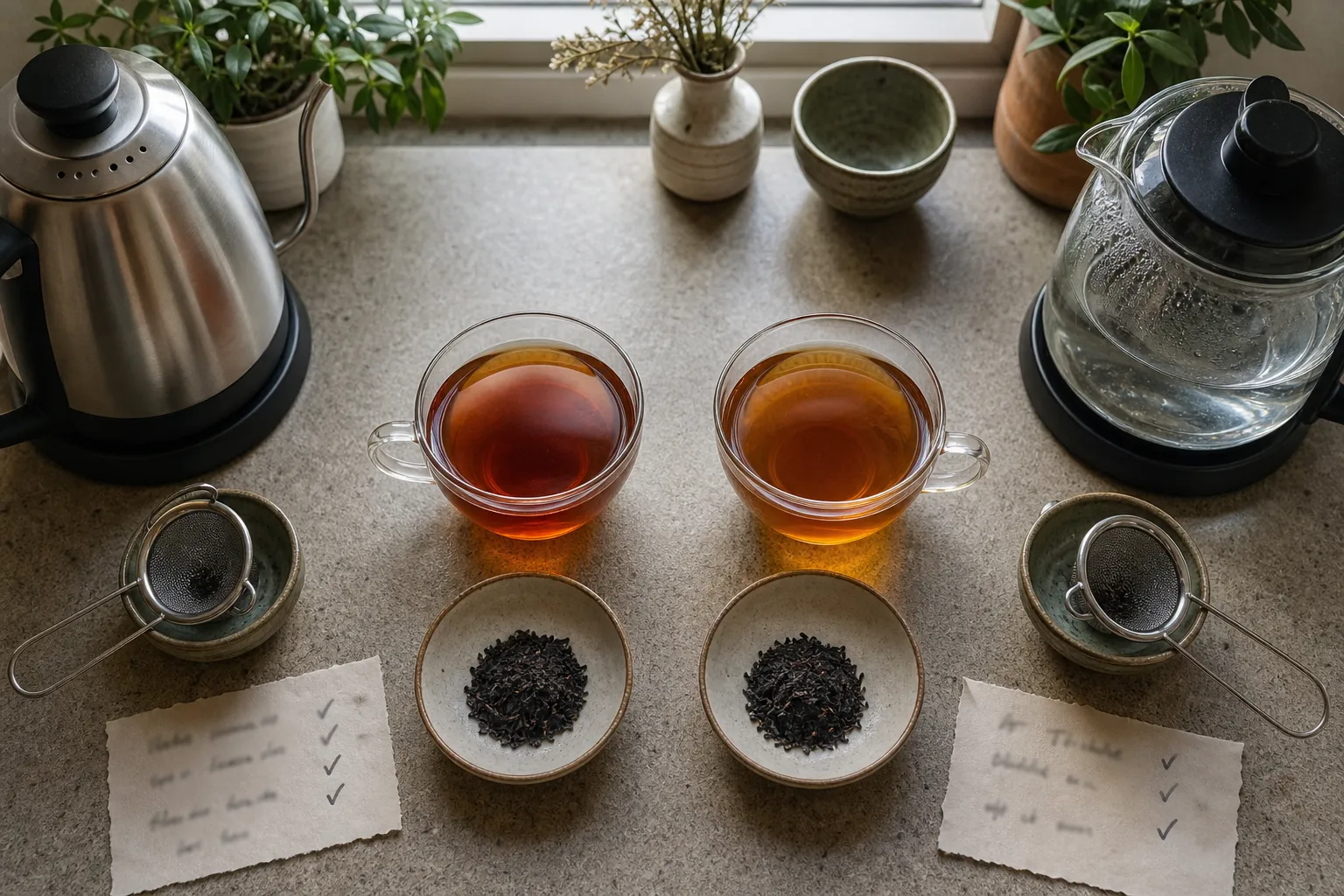 Two cups of black tea prepared side by side to compare usual water with fresh drinking water